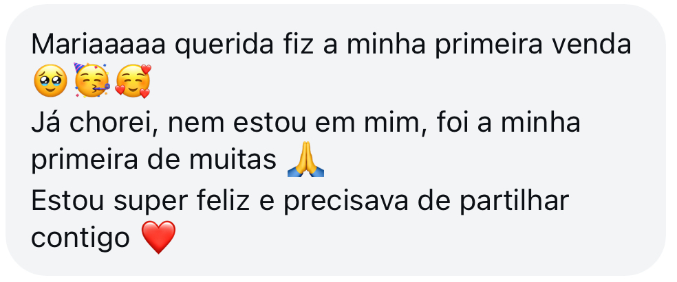 Mensagem de aluna: fiz a minha primeira venda